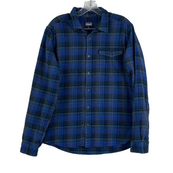 Patagonia Men's M Fjord Blue Flannel Plaid Long Sleeve Lightweight Shirt Organic - Picture 1 of 8